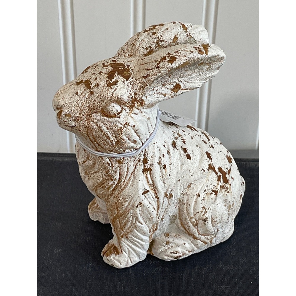 Rustic Distressed White Bunny Cement Figurine Easter Farmhouse Rabbit Decor NEW